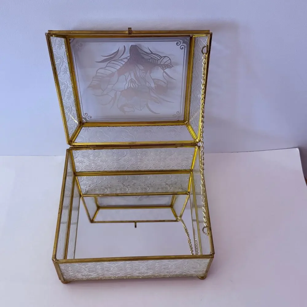Vintage Brass Glass Box Mirror Floral Textured Side Footed Chain Latch 7 x 6 x 4